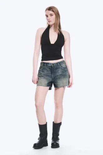 Duchess lavtaljede mini-denimshorts med distressed-look – Baltic Blue – mørkeblå