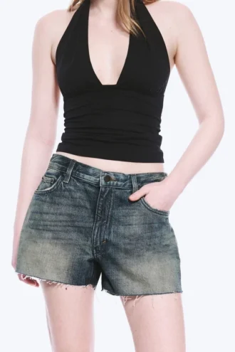 Duchess lavtaljede mini-denimshorts med distressed-look – Baltic Blue – mørkeblå