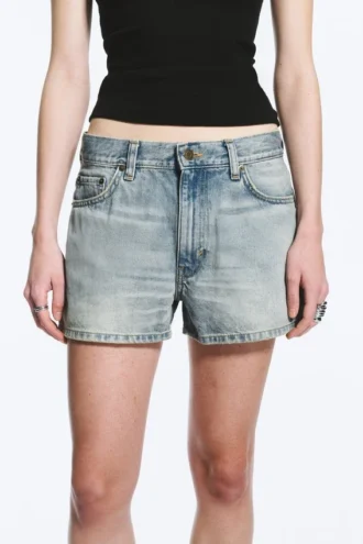 Duchess lavtaljede mini-denimshorts med distressed-look – portblå – lyseblå
