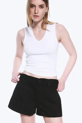 Duchess lavtaljede mini-jeansshorts med slidt look – Black Rinse – Sort