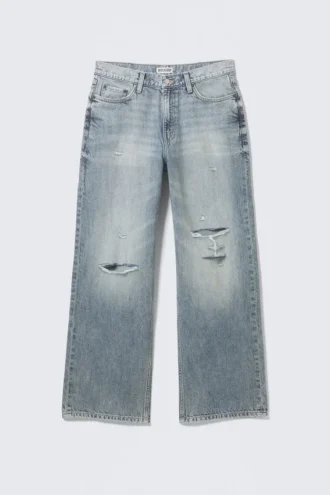 Dynasty lavtaljede, løse Jeans med brede ben – revet blå – mellemblå