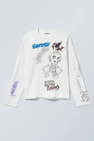 Fantastisk, boxy T-shirt med print og lange ærmer – hvid – Skeleton Dreams