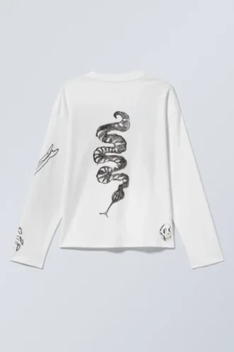Fantastisk, boxy T-shirt med print og lange ærmer – hvid – Skeleton Dreams