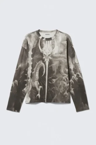 Fantastisk, boxy t-shirt med print og lange ærmer – mørkegrå – drageprint