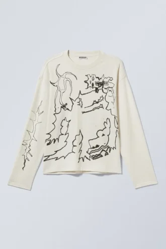 Fantastisk, boxy t-shirt med print og lange ærmer – støvet hvid – Shaky Monster