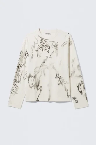 Fantastisk, firkantet T-shirt med print og lange ærmer – hvid – Sketch Book