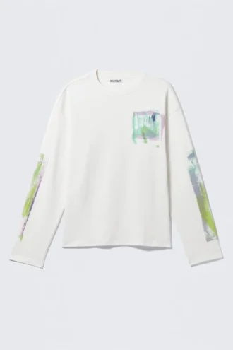Fantastisk, firkantet T-shirt med print og lange ærmer – hvid – Surf Paint