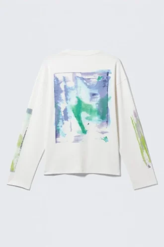 Fantastisk, firkantet T-shirt med print og lange ærmer – hvid – Surf Paint