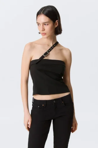 Faustina C One-Shoulder Buckle Suiting Top – Sort