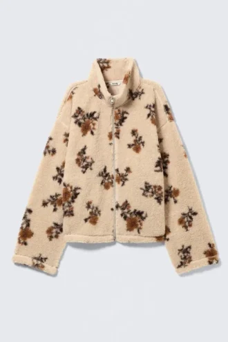 Fleecejakke med lynlås – beige – brun blomsterprint
