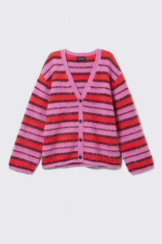Fluffy strikket cardigan – lyserød og rød stribet