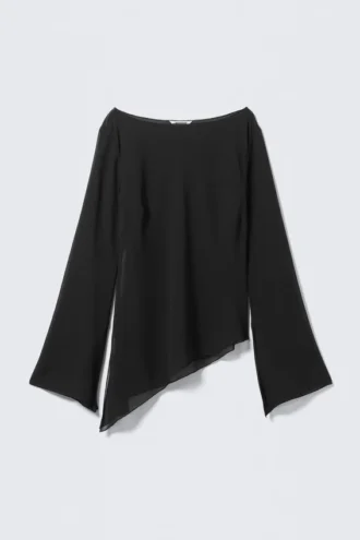 Gennemsigtig asymmetrisk langærmet bluse – sort