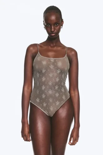 Gennemsigtig bodysuit med lav ryg i blonder – gennemsigtig støvet grå