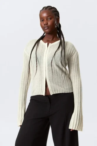 Gennemsigtig cardigan i linneblanding – Ecru