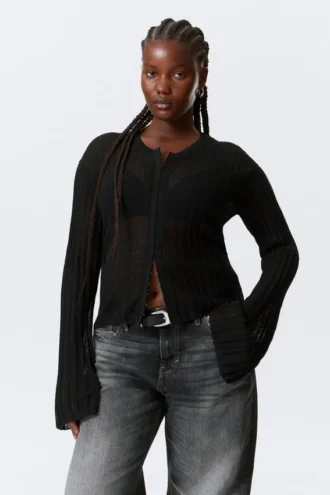 Gennemsigtig cardigan i linneblanding – sort