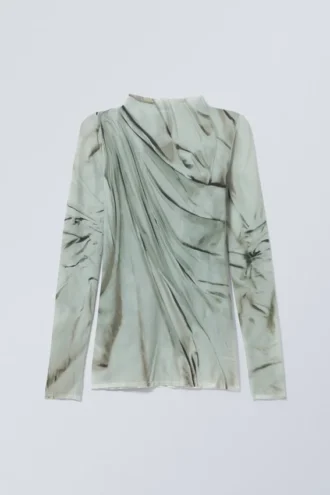 Gennemsigtig langærmet top med høj hals – Grøn trompe l’oeil-drapering