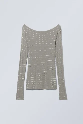 Gennemsigtig langærmet top med rhinestones – støvet grå