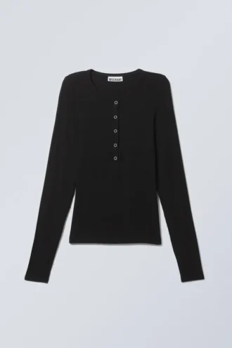Gennemsigtig ribbet langærmet Henley-top – sort