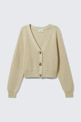 Grovstrikket kort cardigan – beige