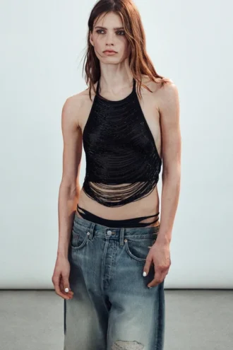 Halterneck-top i mesh med perler – sort