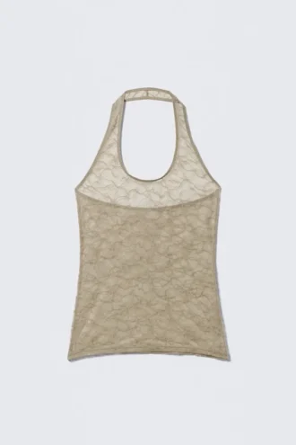 Halterneck-top i svunget blonder – beige