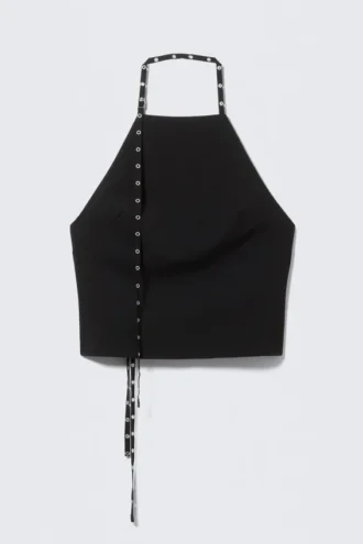 Halterneck-top med hulmønster – sort