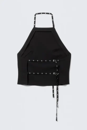 Halterneck-top med hulmønster – sort