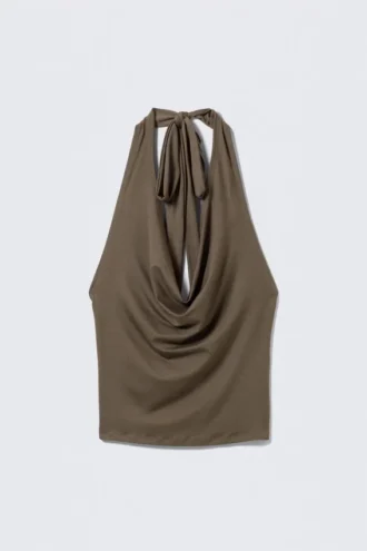 Haltertop med vandfaldsdrapering – Dark Mole