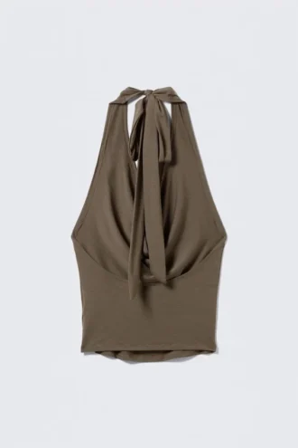 Haltertop med vandfaldsdrapering – Dark Mole