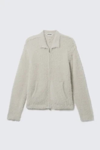 Håret strikket cardigan med lynlås – snavset hvid