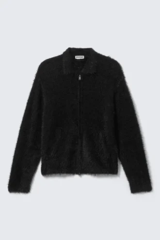 Håret strikket Cardigan med lynlås – sort