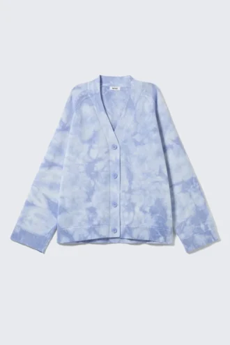 Jacquard-strikket bomuldscardigan – vasket blå – tie-dye