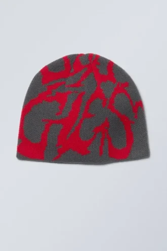 Jacquard-strikket hue – Mørkegrå/lyserød jacquard