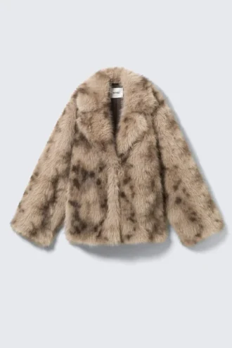 Jakke i imiteret pels – beige/brun leopardmønster