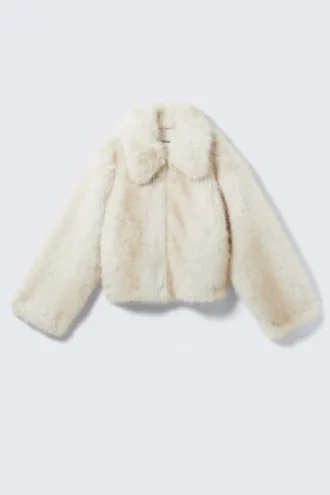 Jakke i imiteret pels med lynlås – off-white