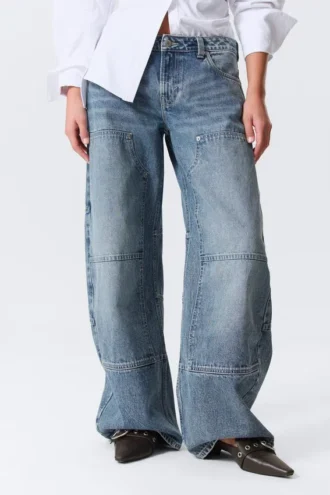 Jeans med lav talje og løse, barrel-formede ben i arbejdstøjstil – Mellemblå – Medium Blue