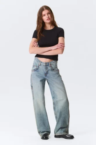Jeans med udskåret talje i Barrel-stil – Hypnos Blue – Mellemblå