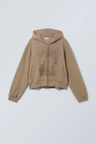 Kasseformet, kraftig hættetrøje med lynlås og print – mørk beige