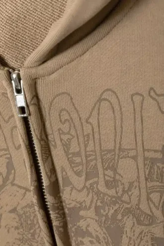 Kasseformet, kraftig hættetrøje med lynlås og print – mørk beige