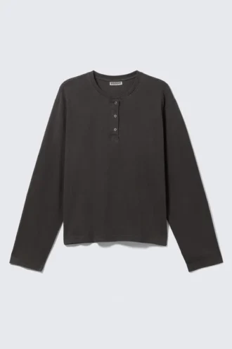 Kasseformet langærmet Henley-T-shirt – mørkegrå