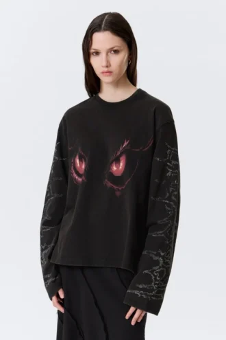 Kasseformet langærmet top med print – vasket sort – Dragon Gaze