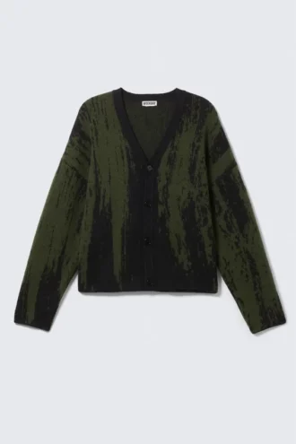 Kasseformet strikket cardigan med print – sort/mørk khakigrøn