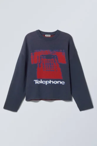 Kasseformet trøje med print i grafisk stil – mørkeblå – Telefon