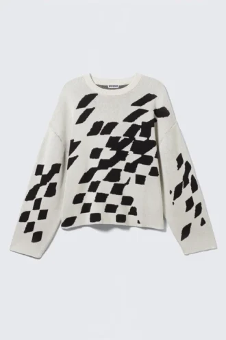 Kasseformet trøje med print i jacquard – snavset hvid – firkantet mønster