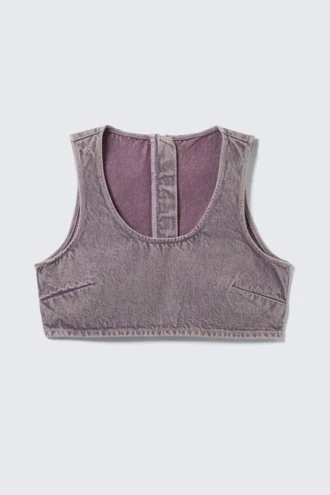 Kort denim-bralette med lynlås bagpå – vasket lilla