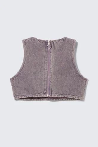 Kort denim-bralette med lynlås bagpå – vasket lilla