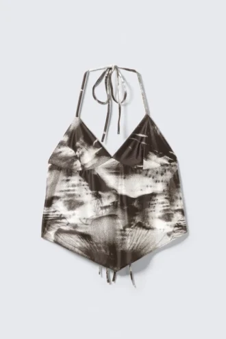 Kort halterneck-top med print – Brun – Abstrakt blomsterprint