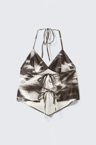 Kort halterneck-top med print – Brun – Abstrakt blomsterprint