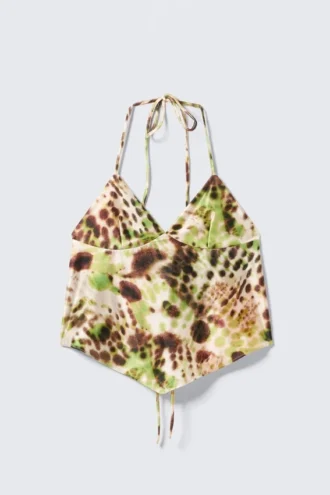 Kort halterneck-top med print – brune og grønne blomsterprikker