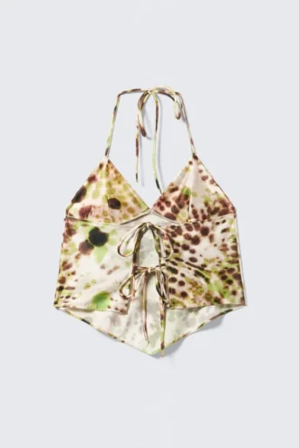 Kort halterneck-top med print – brune og grønne blomsterprikker